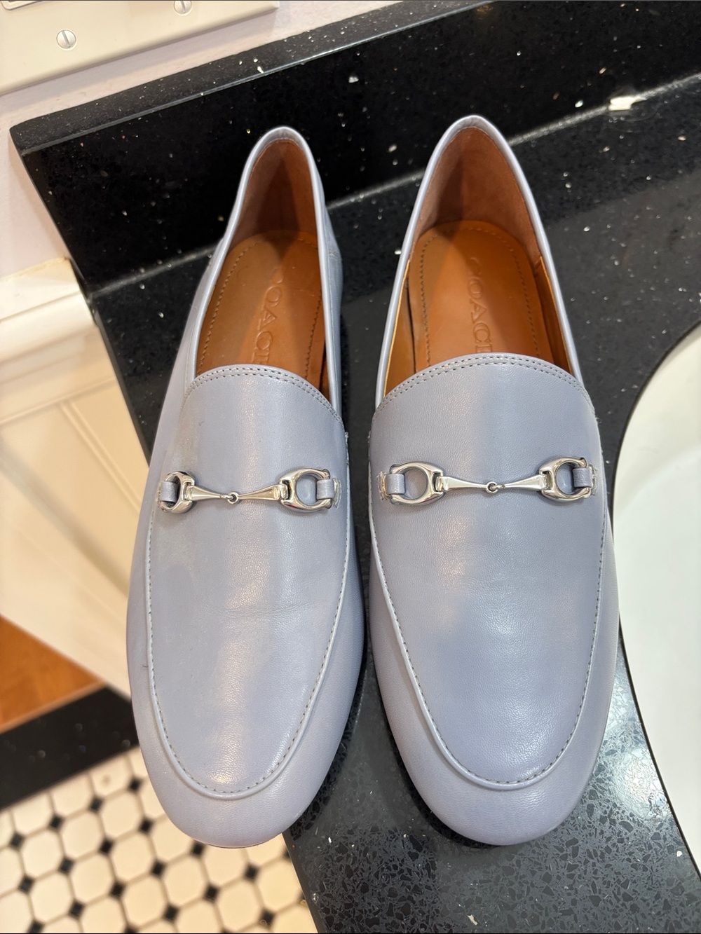 NWOT Coach Light Gray-Blue Leather Bit Loafers